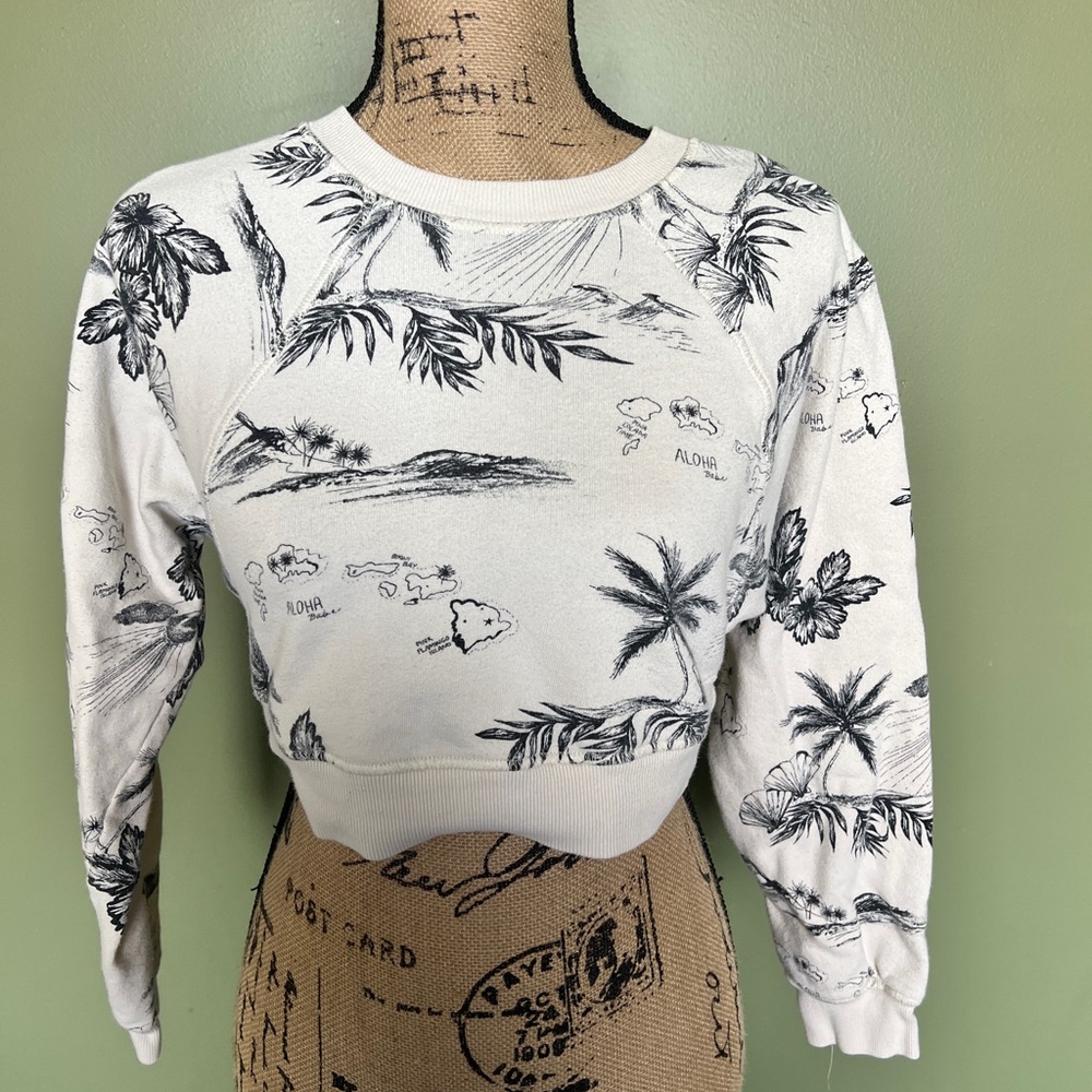 Tropical Sketch Print Cropped Sweatshirt - White & Black Free People